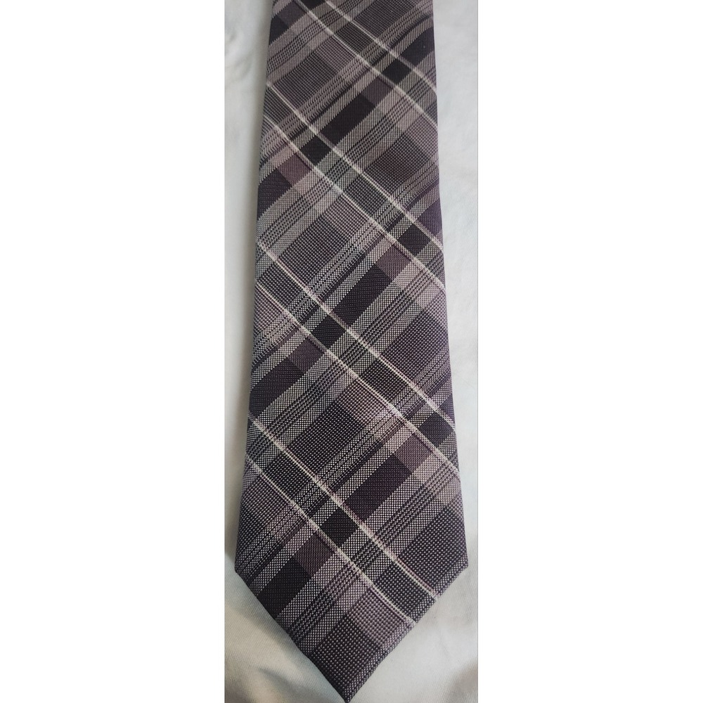 Calvin Klein Silk Tie Tonal Plum Plaid Checkered Necktie 100% Silk - 3 inch Wide